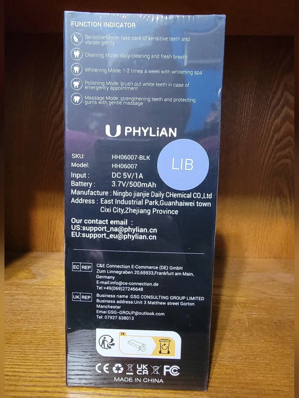 Phylian Black Sonic Electric Toothbrush — 5-Mode Rechargeable Clean
